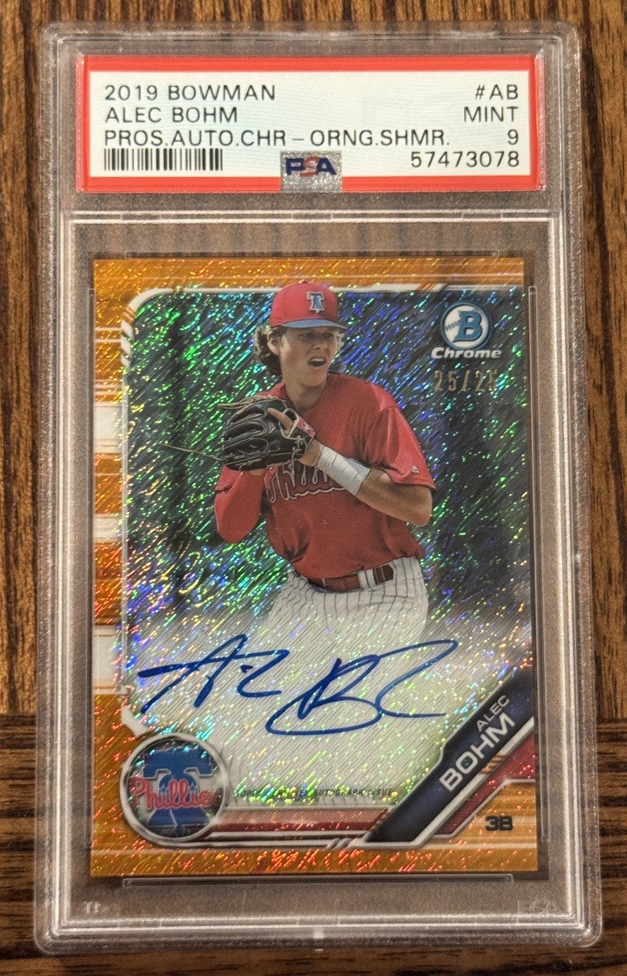 2019 Bowman Chrome Alec Bohm Prospect Auto Orange Shimmer 25/25 CPA-AB PSA 9