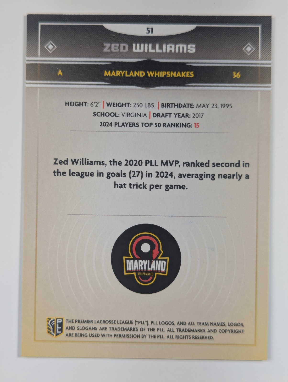 2025 Premier Lacrosse League PLL Fieldside #51 Zed Williams Auto QTY