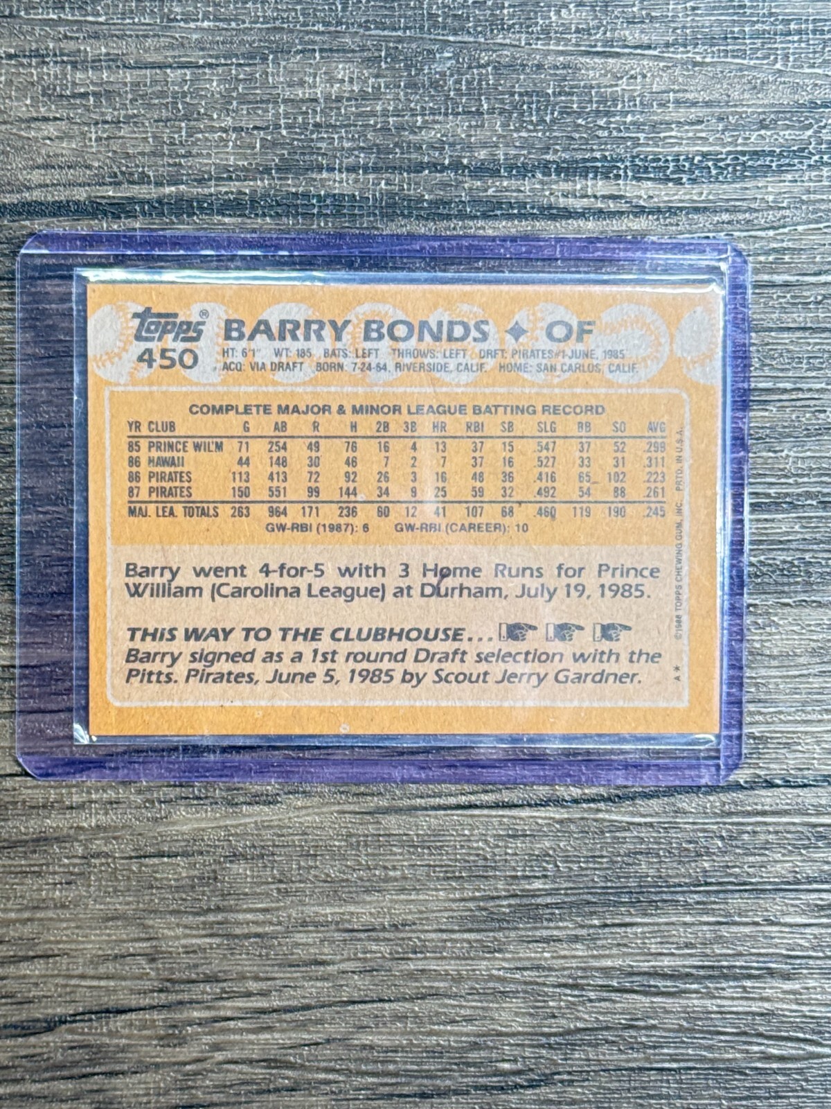 1988 Topps BARRY BONDS #450 Pirates