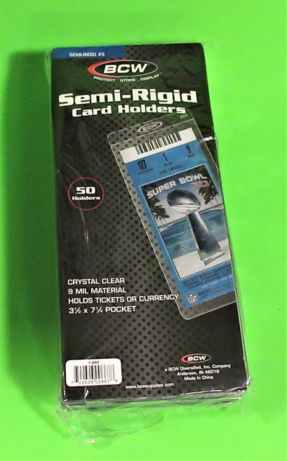 50 SEMI-RIGID CARD HOLDER, FOR TICKETS OR CURRENCY,9 MIL,3-1/2×7-1/4 POCKET, SR5