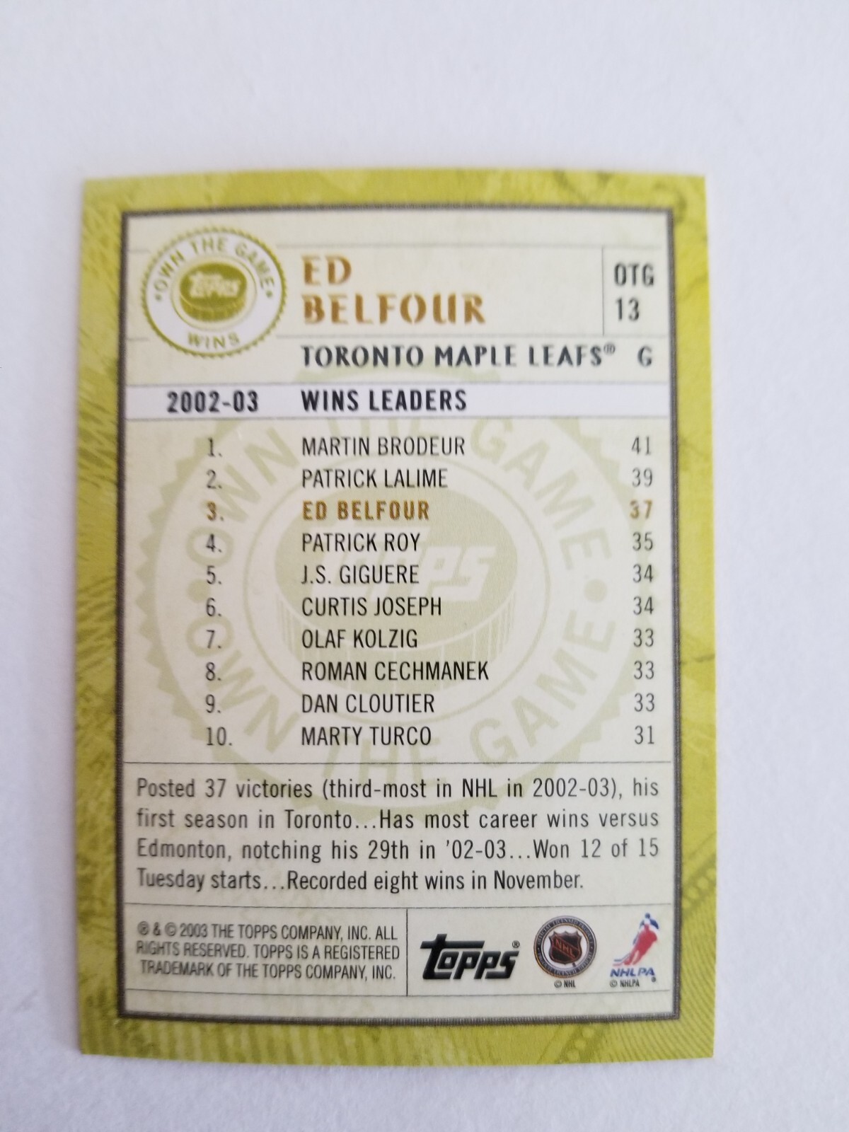 2003-04 Topps Own the Game Ed Belfour #OTG13 HOF