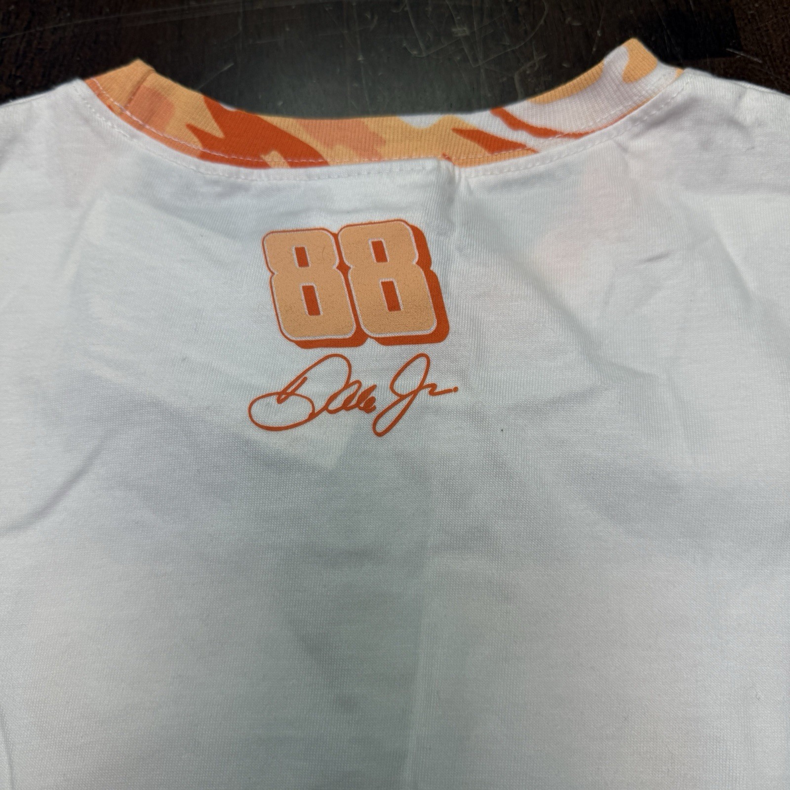 New Chase Authentics Dale Jr #88 Shirt Womens Size L White Orange Camo NASCAR Jr