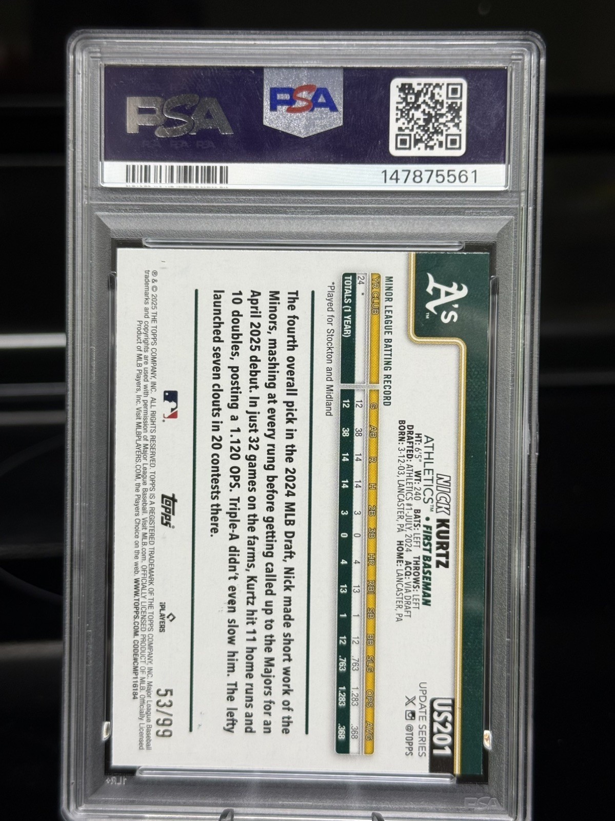 2025 Topps Nick Kurtz Rookie Card Green Rainbow Foil Colormatch /99 PSA 9
