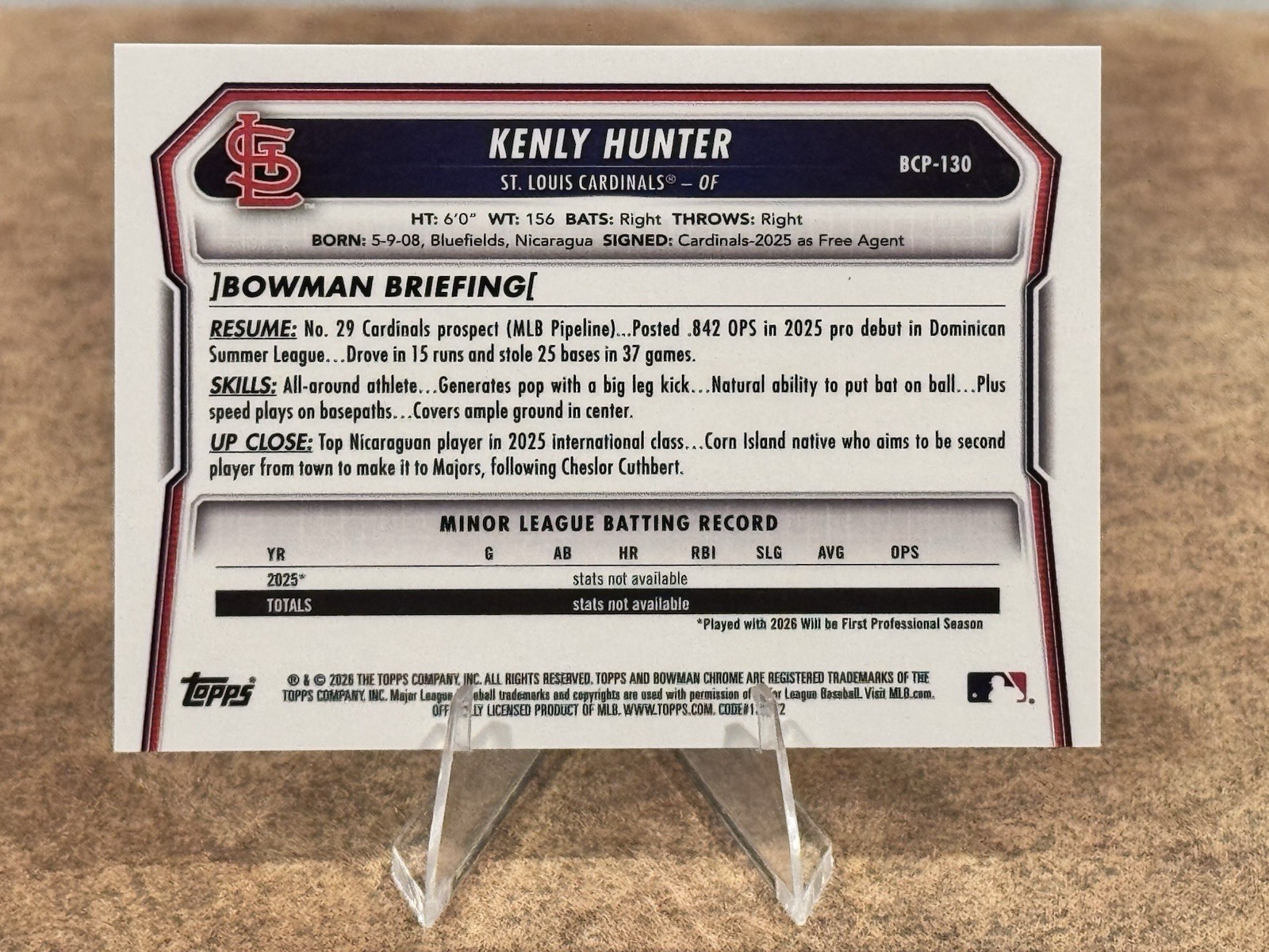 2026 Bowman Sapphire Kenly Hunter 1st Yellow Refractor #BCP-130 Cardinals /75