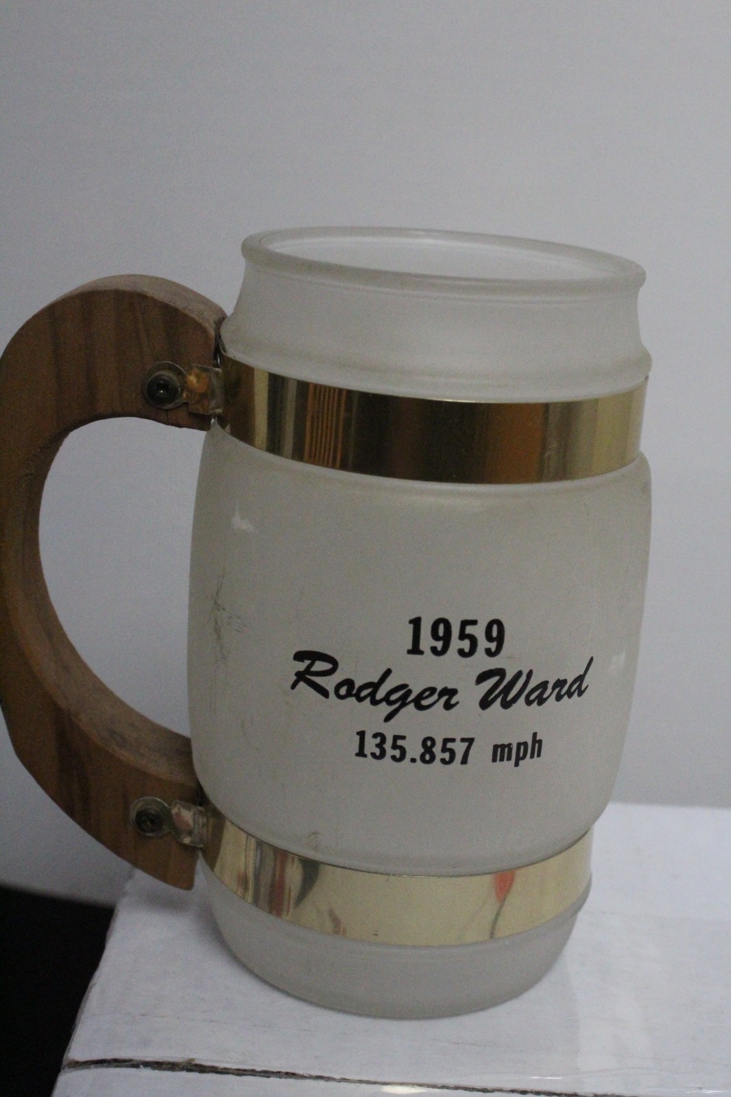 Set of 9 Siesta Ware Indy 500 Frosted Glass, Wood & Metal Mugs 1952-1960