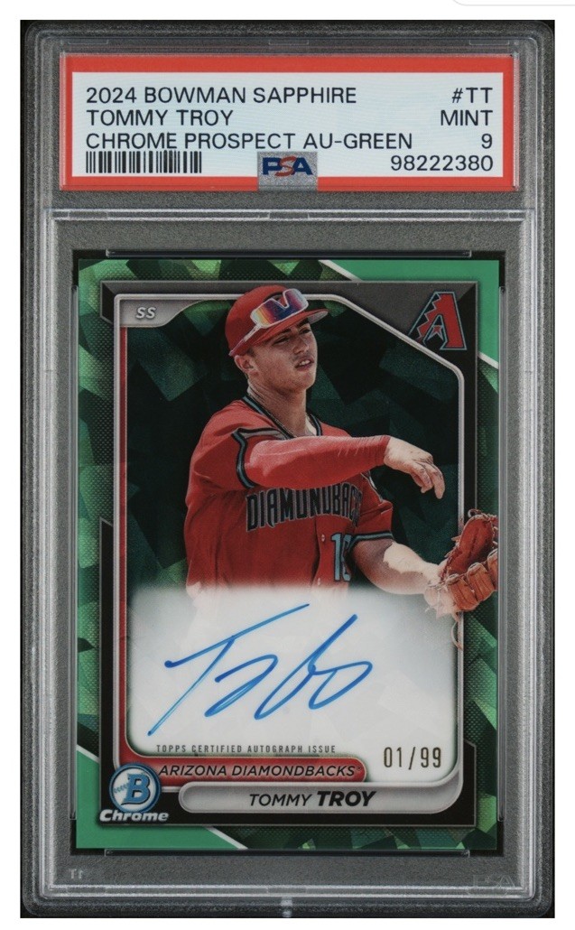 Tommy Troy Auto Limited 01/99 PSA 9 Bowman Green Sapphire Card Rookie Bookend