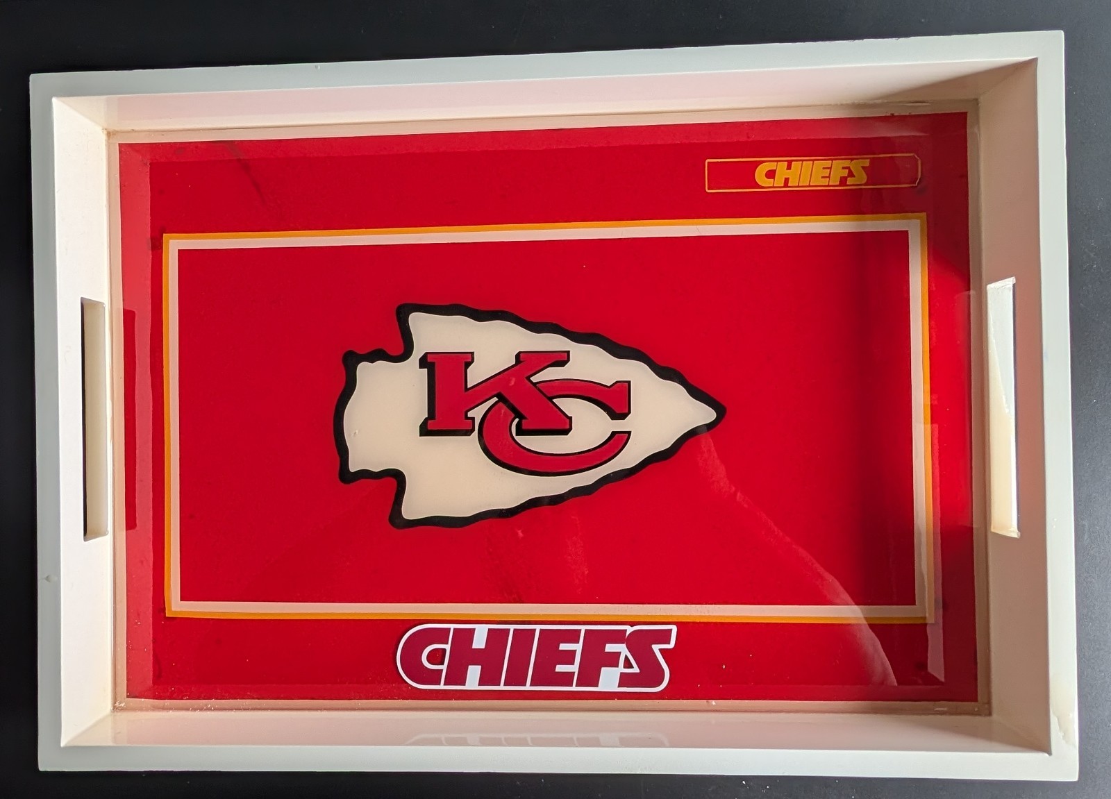 Vintage 2006 Kansas City Chiefs Large Wooden Serving Tray Acrylic Top NFL