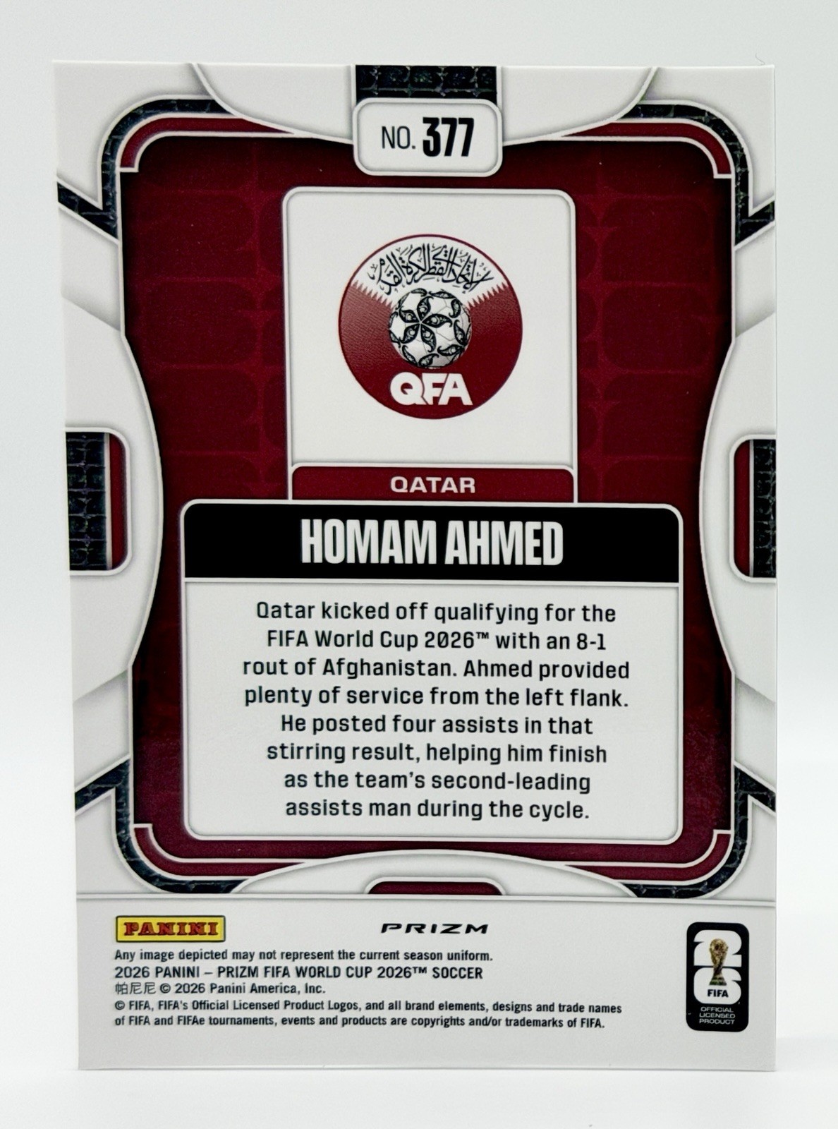 2026 Panini Prizm FIFA World Cup Silver Wave #377 Homam Ahmed RC Qatar