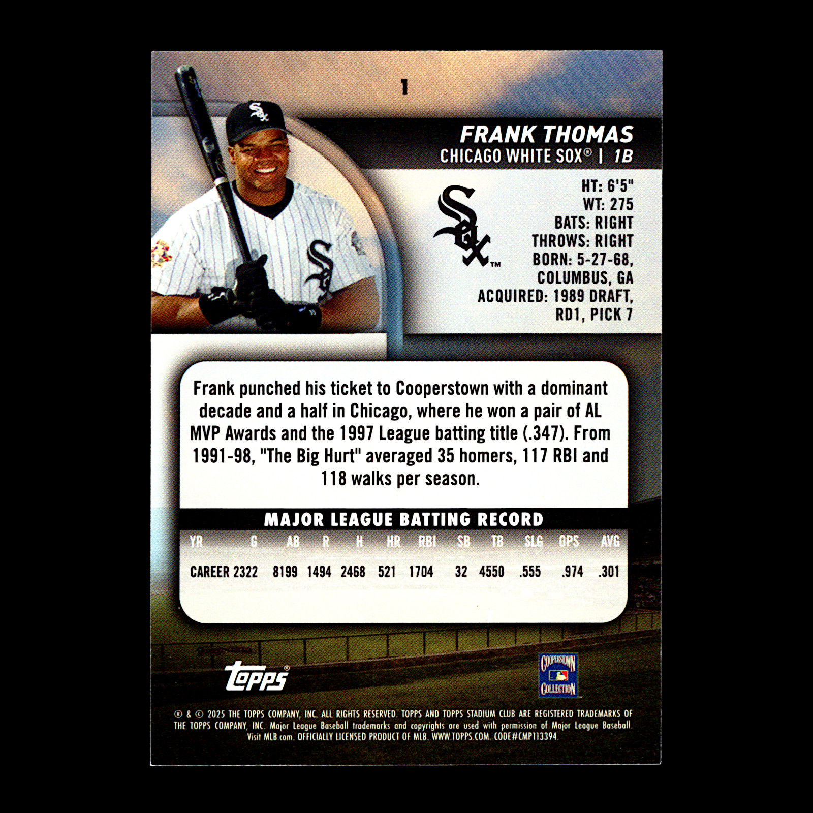 2025 Topps Stadium Club Frank Thomas Gold Foil #1 Chicago White Sox /50