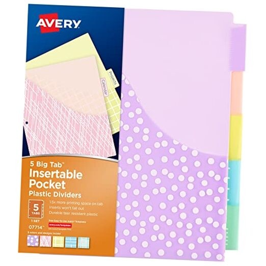 Dividers for 3 Ring Binders, 5 Tab Plastic Binder Dividers, 5 tab 1 Set