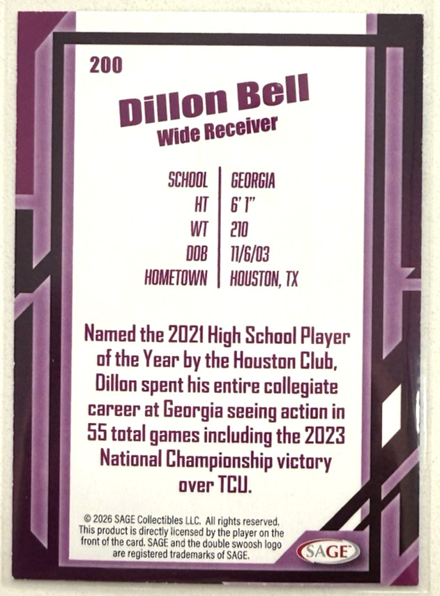 2026 SAGE Football Purple Dillon Bell #200 Minnesota Vikings