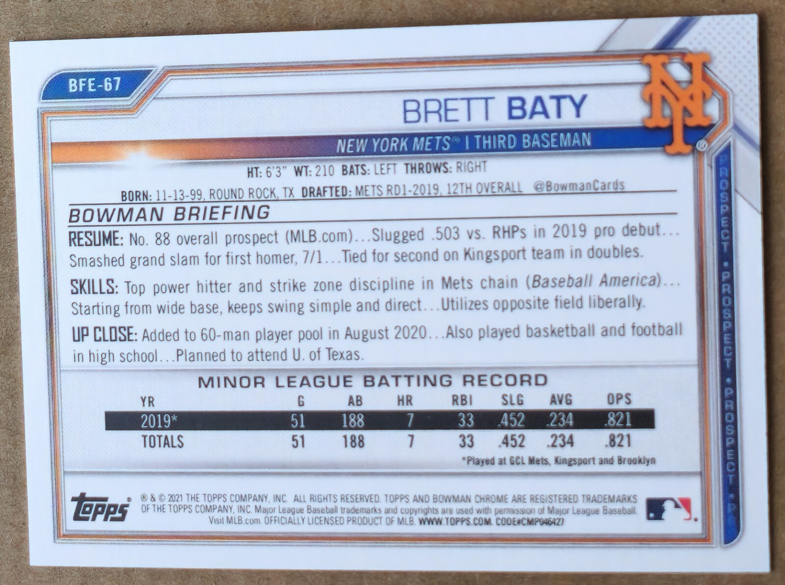 2021 BOWMAN 1ST EDITION #BFE-67 Brett Baty New York Mets