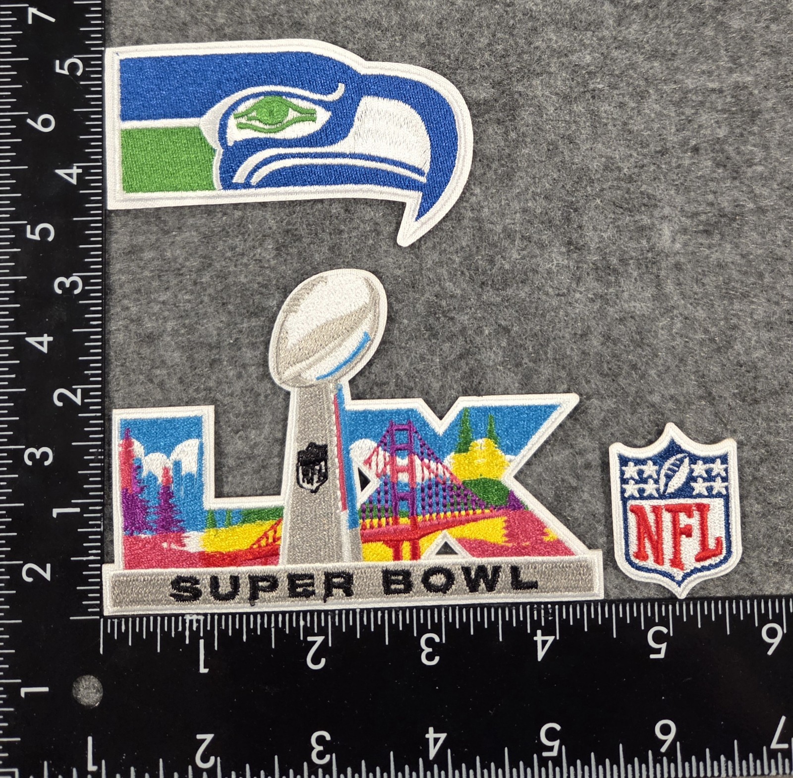 SEATTLE SEAHAWKS SET OF 3 NFL FOOTBALL IRON ON PATCHES SEE PHOTO/ RULER