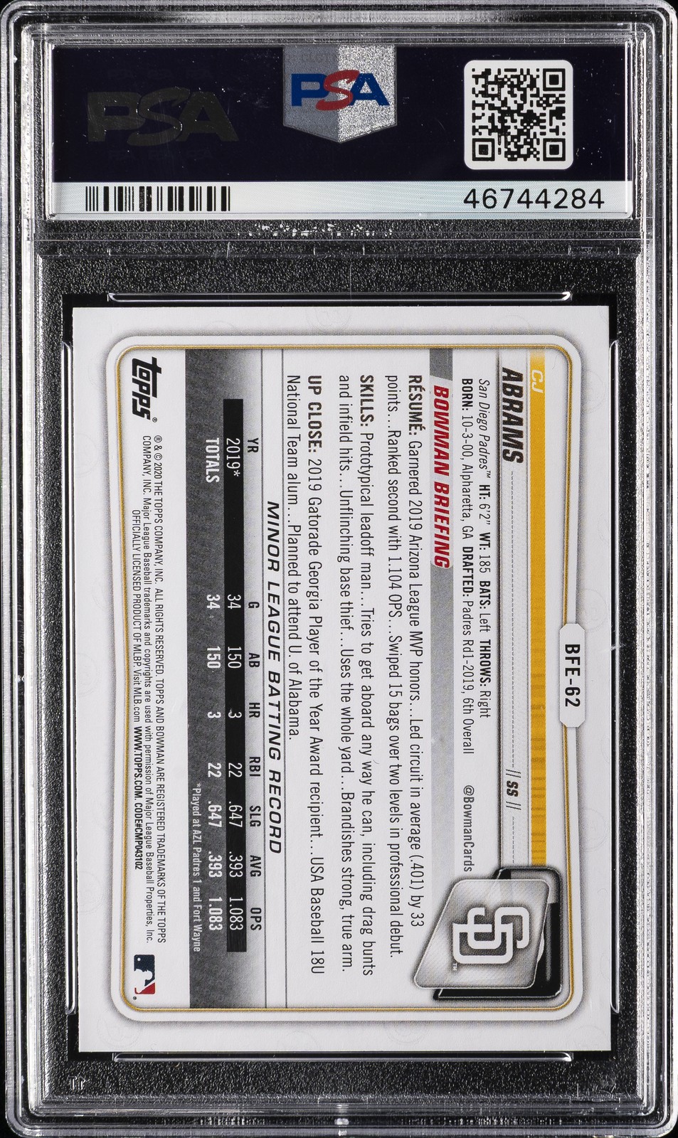2020 BOWMAN 1ST EDITION SKY BLUE FOIL #BFE62 CJ ABRAMS PSA 10