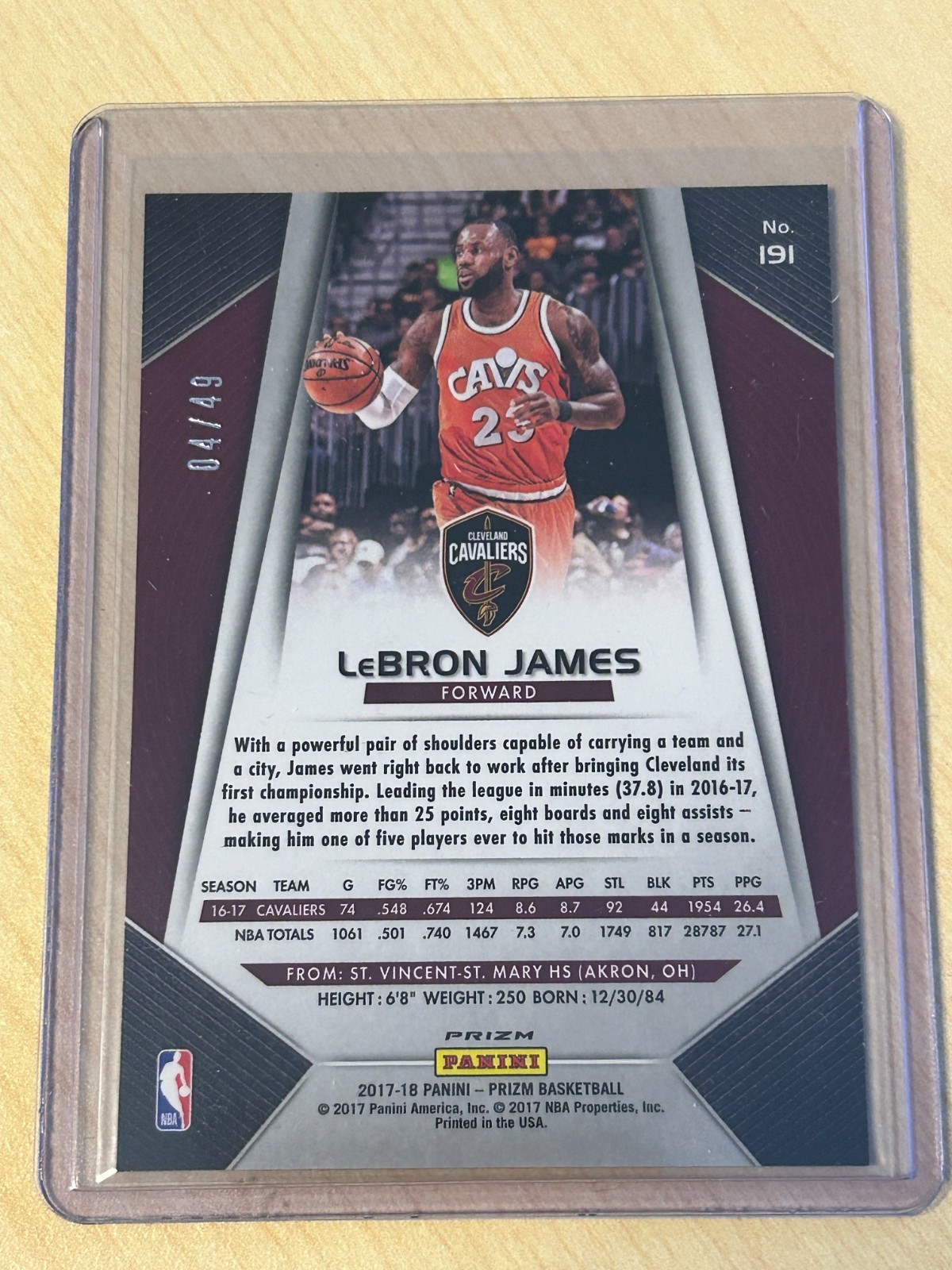 2017-18 Panini Prizm LeBron James Orange Prizm #191 Cavaliers SP /49 Serial #04