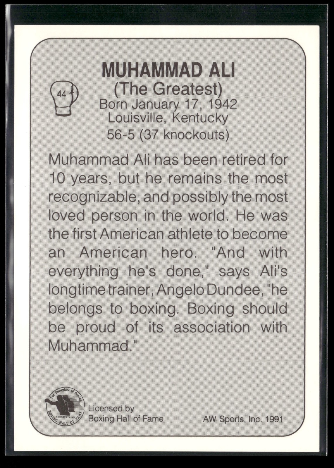 1991 All World #44 Muhammad Ali HOF [VG] [Boxing] [Base Set Boxing Card]