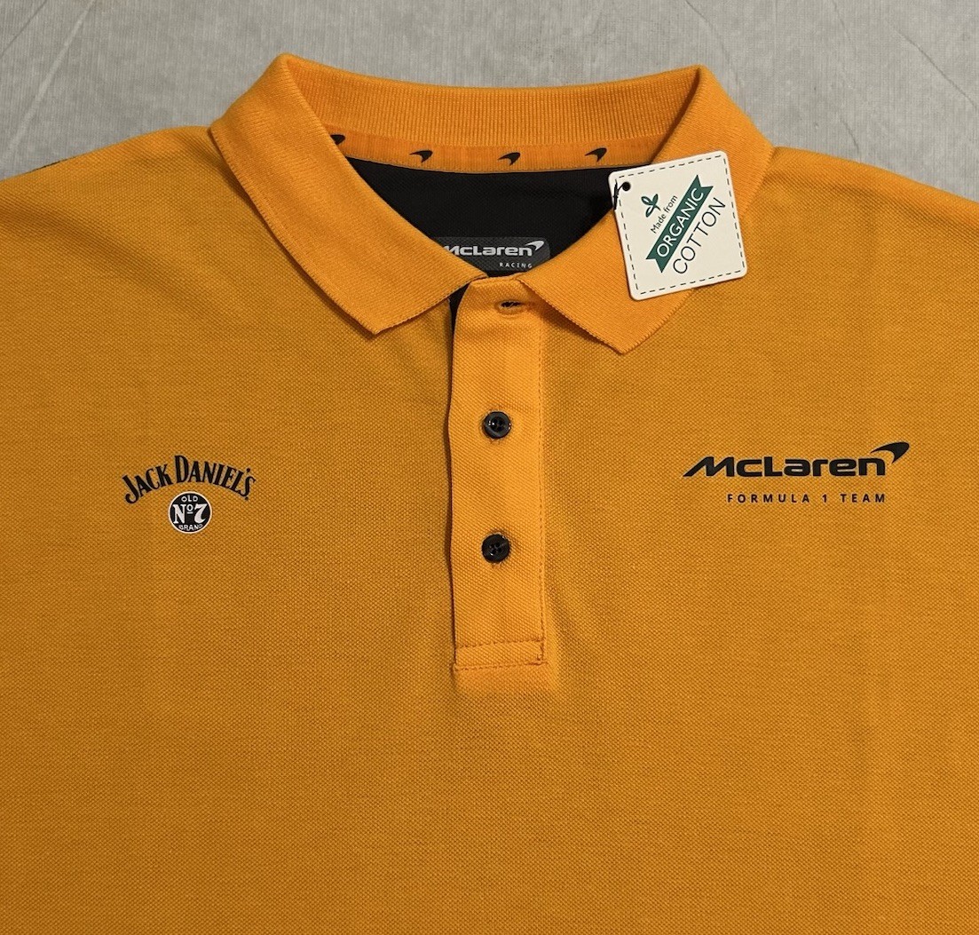 NWT McLaren Formula 1 Team Polo Shirt Mens L Jack Daniels F1 Racing Yellow