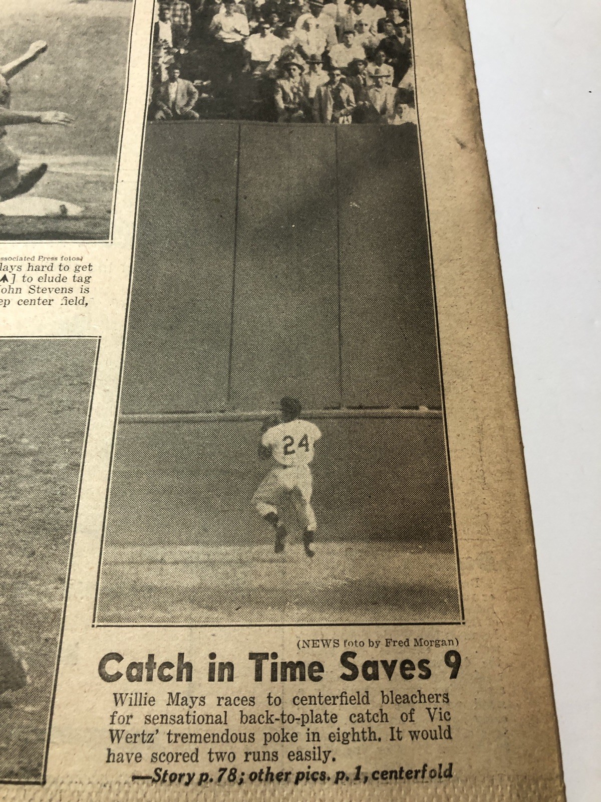“THE CATCH” Willie Mays Newspaper Daily News NY 1954 MLB World Series Game 1 Sep