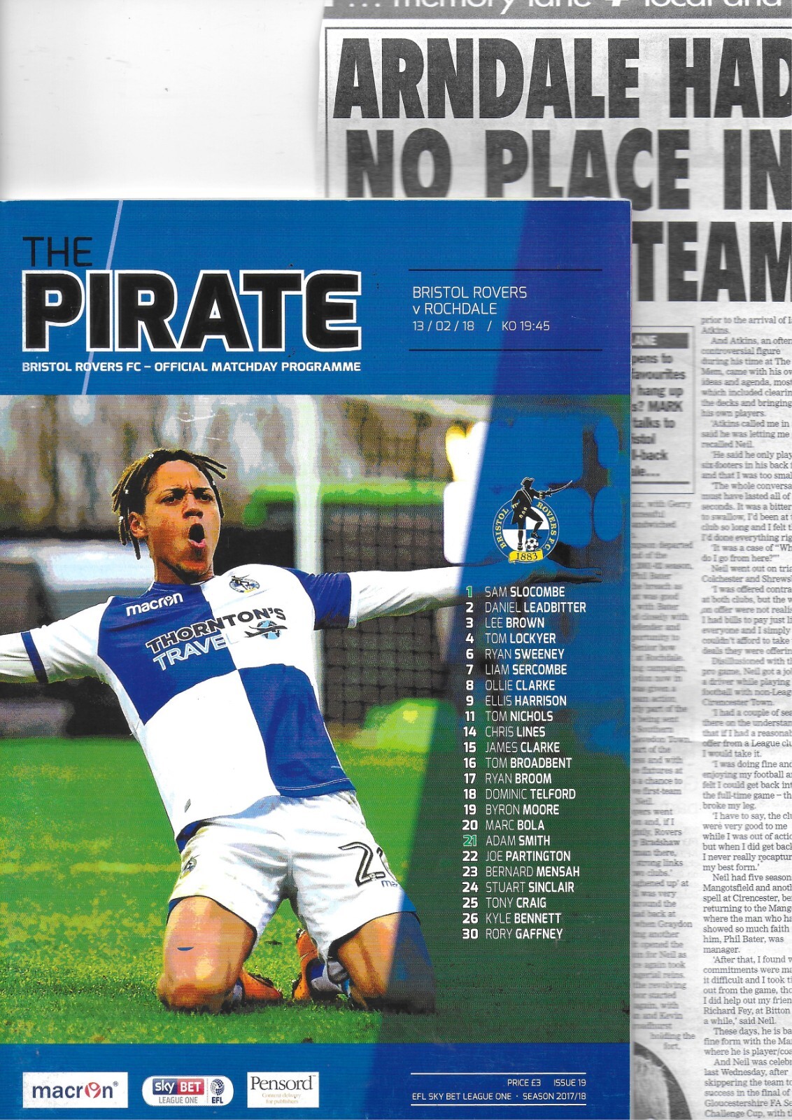 BRISTOL ROVERS V ROCHDALE 13 FEBRUARY 2018 QUALITY PROG + ARNDALE LIFE STORY VGC