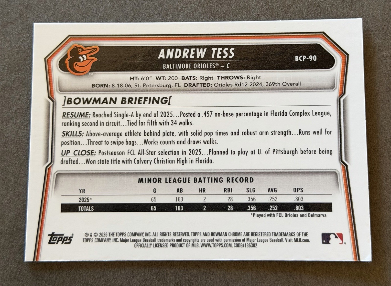 2026 Bowman Chrome 1st 08/75 Yellow Sapphire Andrew Tess RC Orioles