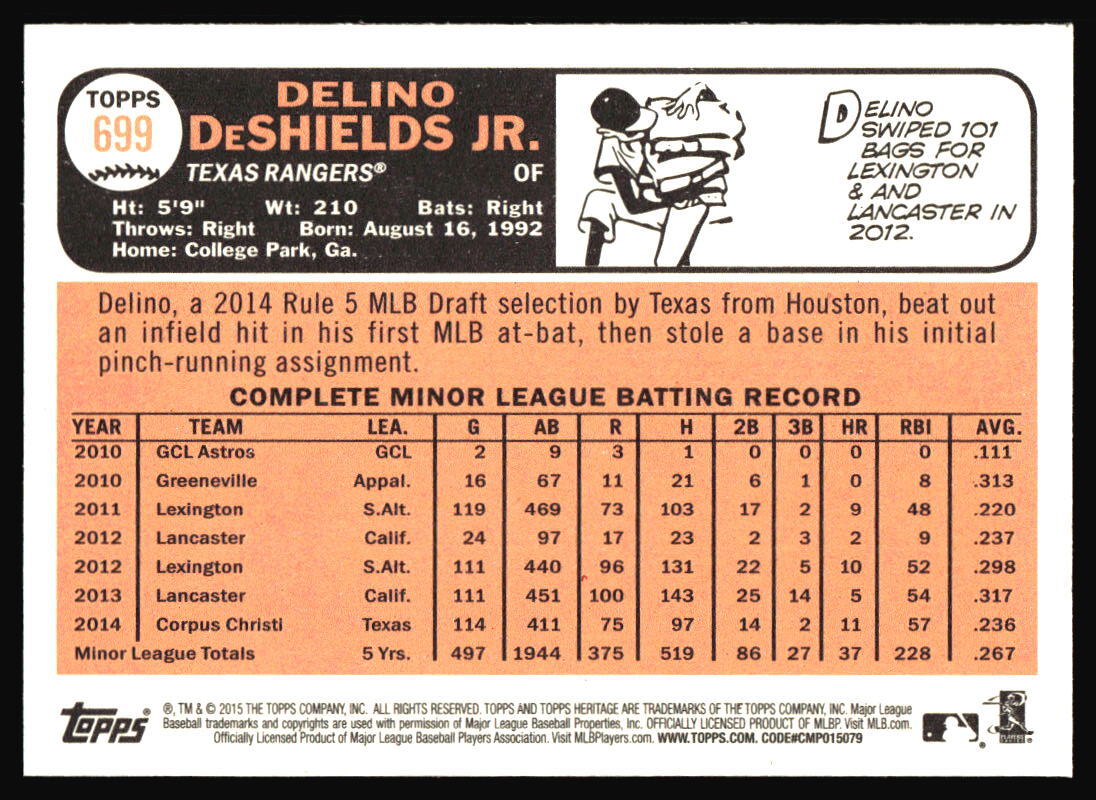 2015 Topps Heritage Delino DeShields Jr. Rookie #699 Texas Rangers