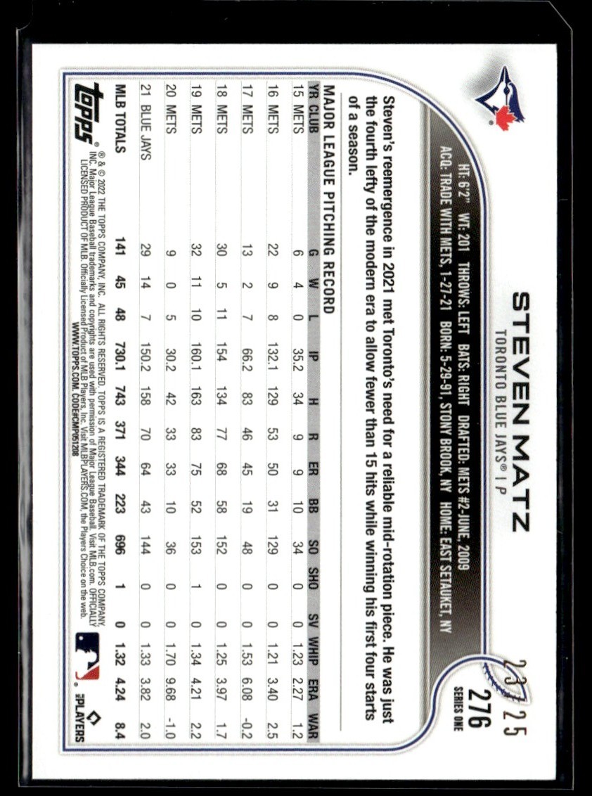 2022 Topps 1st Edition Black Foil Steven Matz /25 Blue Jays #276