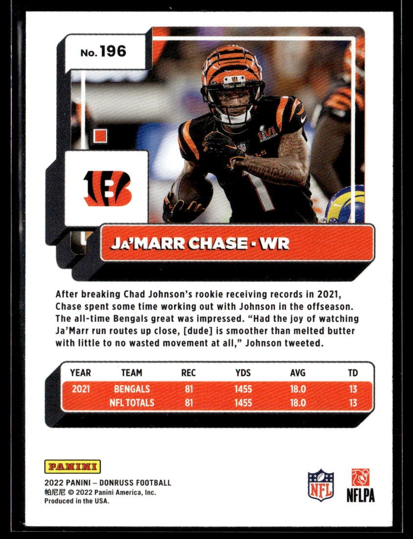 2022 Donruss #196 Ja’Marr Chase Bengals Football Card 1002G