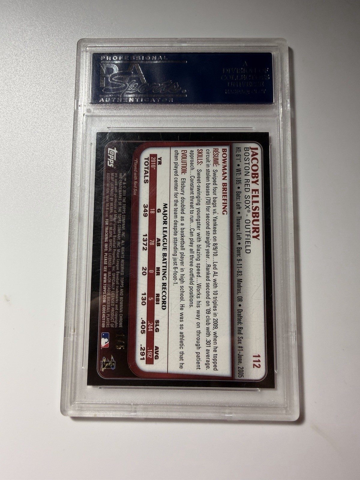 2011 Bowman Chrome Jacoby Ellsbury Red Refractor 1/5 Red Sox #112 PSA 9