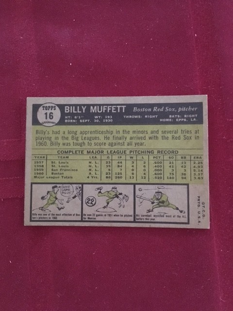1961 Topps Billy Muffett #16 EX FREE SHIPPING