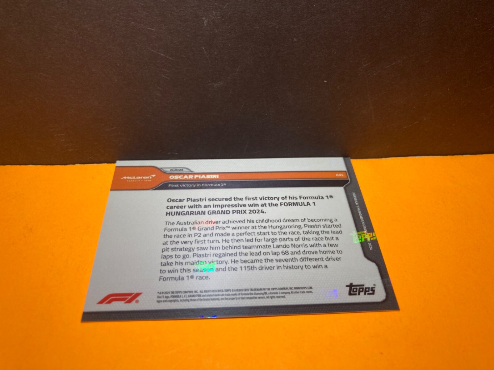 2024 Topps Now #041 OSCAR PIASTRI Formula 1 First Victory McLAREN OSCAR