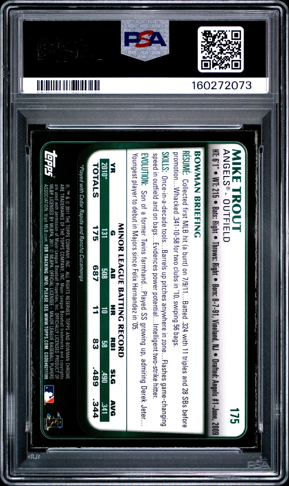 Mike Trout 2011 Bowman Chrome RC PSA 9 Mint #175