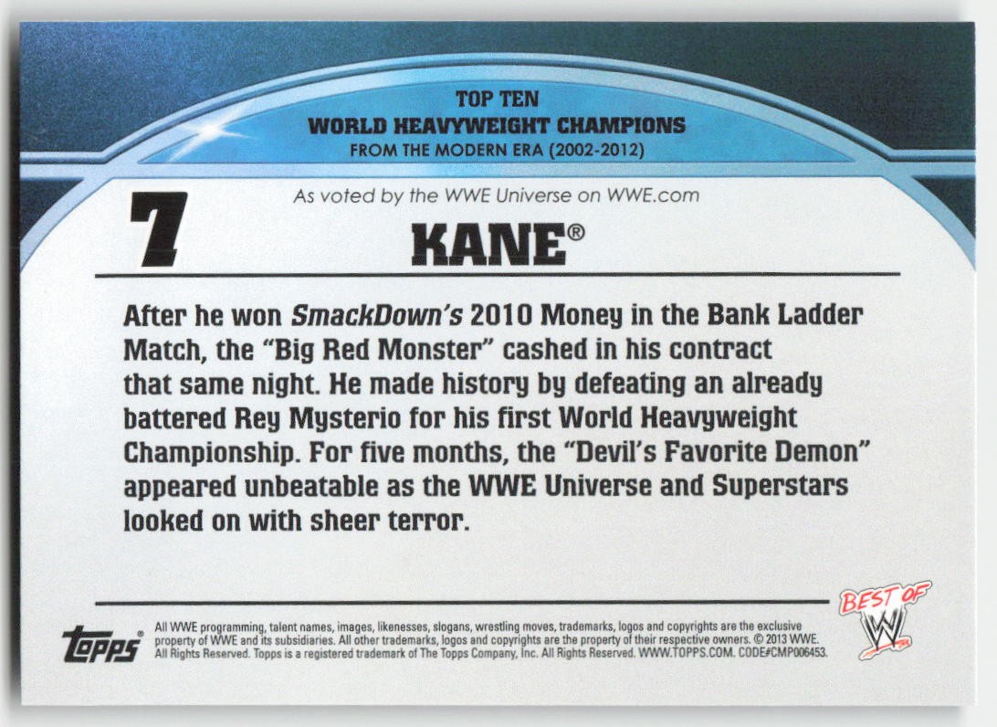 2013 Topps Best of WWE Top 10 World Heavyweight Champions Kane #7