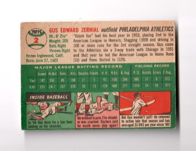 Gus Zernial 1954 Topps Philadelphia Athletics Baseball Card #2