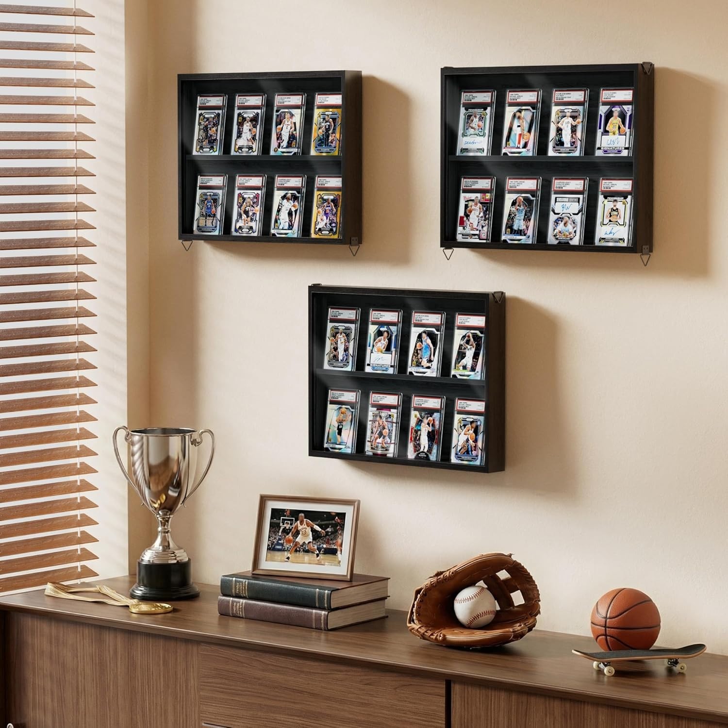 3-Pack Black Wooden Trading Card Display Cases with Acrylic Front for Wall Mount