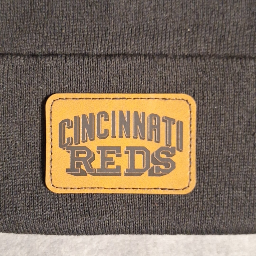 Cincinnati Reds Leather Rectangle Patch Black Beanie Cap MLB