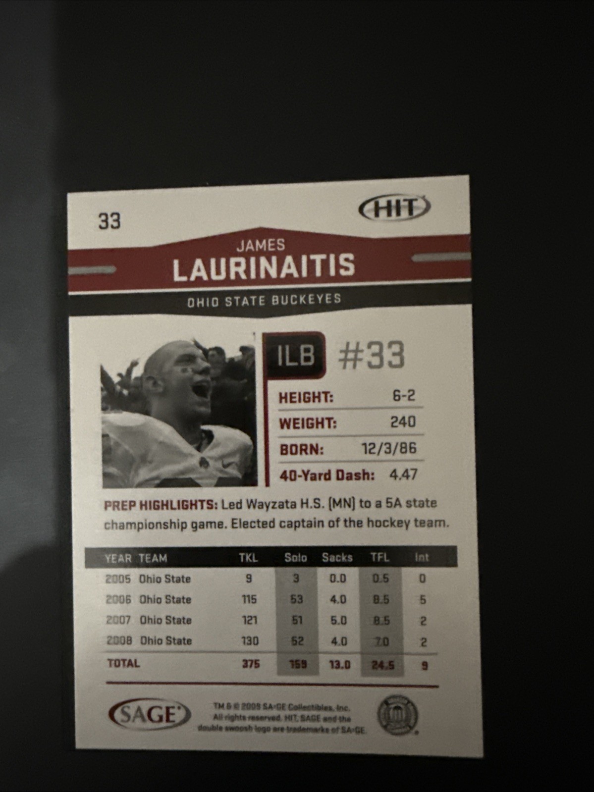 2009 SAGE Hit – James Laurinaitis #33 (RC)