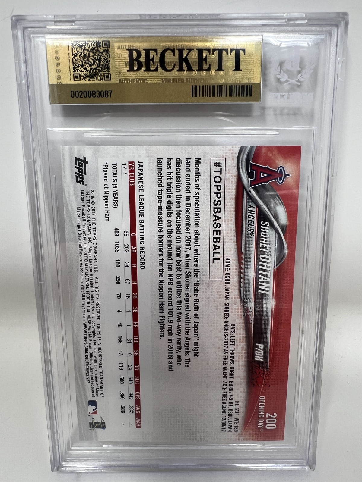 Shohei Ohtani 2018 Topps Opening Day #200 Rookie BGS 9.5 w/2×10 Subs