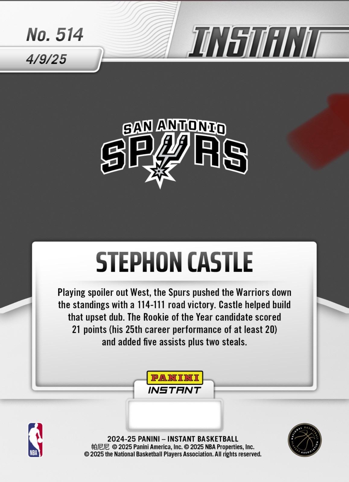Stephon Castle 2024-25 Panini Instant NBA #514 San Antonio Spurs RC