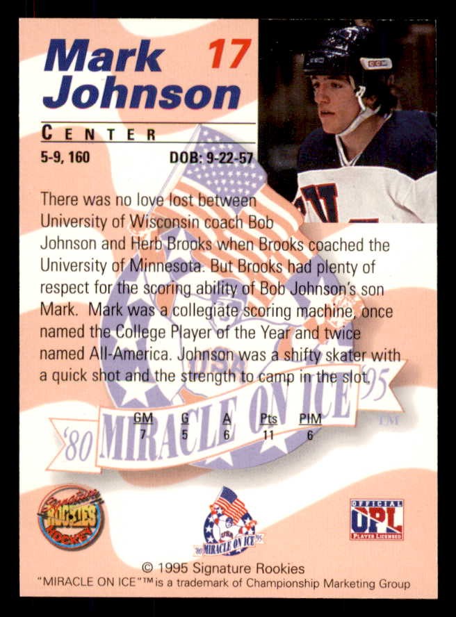 1995 SIGNATURE ROOKIES MIRACLE ON ICE # 17 MARK JOHNSON AUTOGRAPH 557957