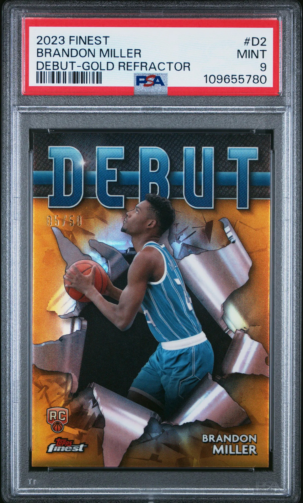 2023-24 Topps Finest – Debut Brandon Miller #D-2 Gold Refractor 05/50 PSA 9