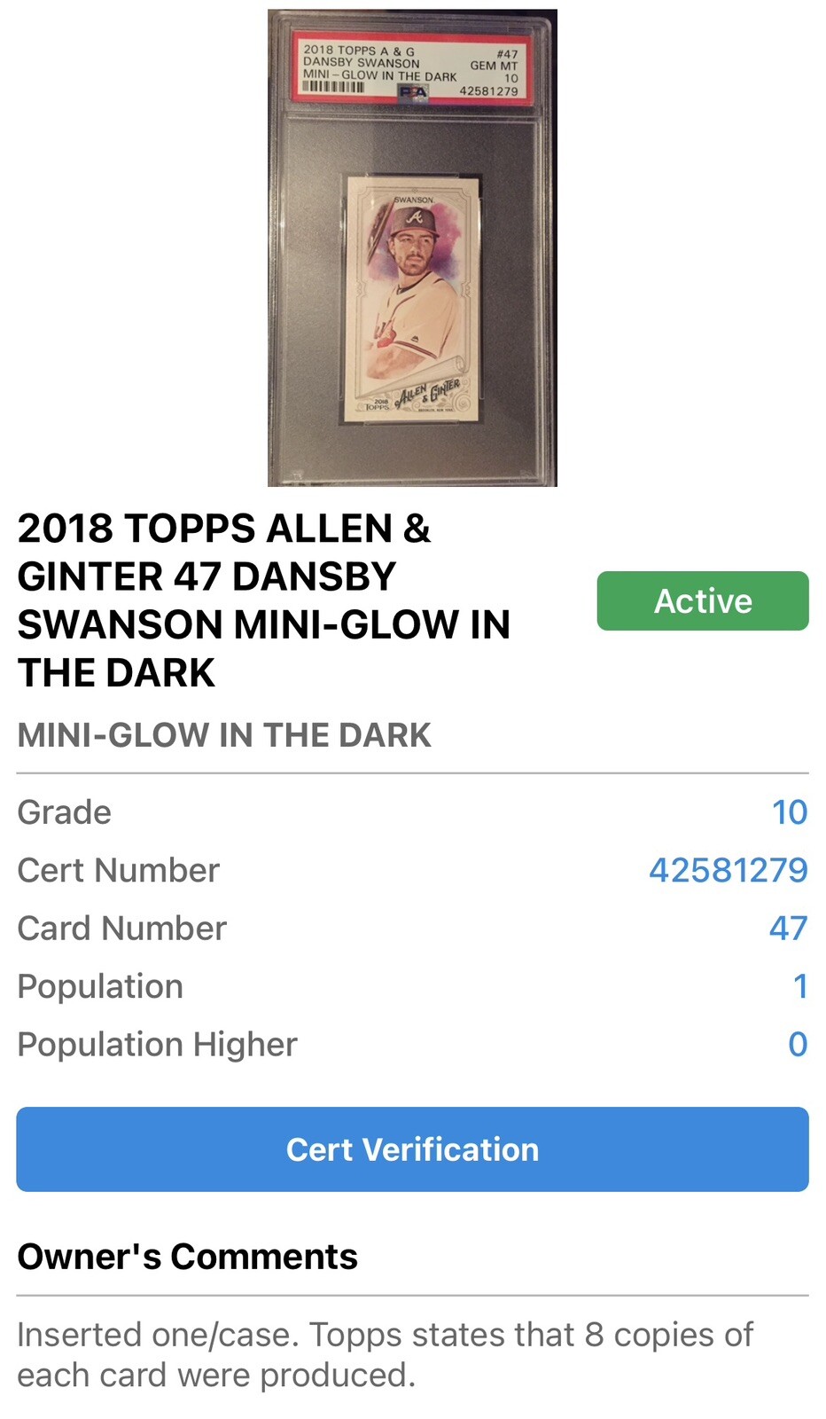 PSA 10 2018 Topps A&G Dansby Swanson Glow in the Dark Mini SSP Chicago Cubs read