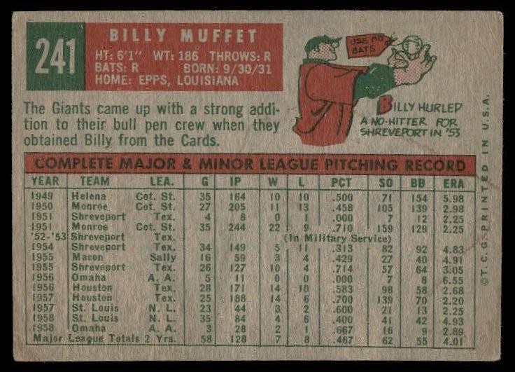 1959 Topps #241 Billy Muffett Gray/darker back VG