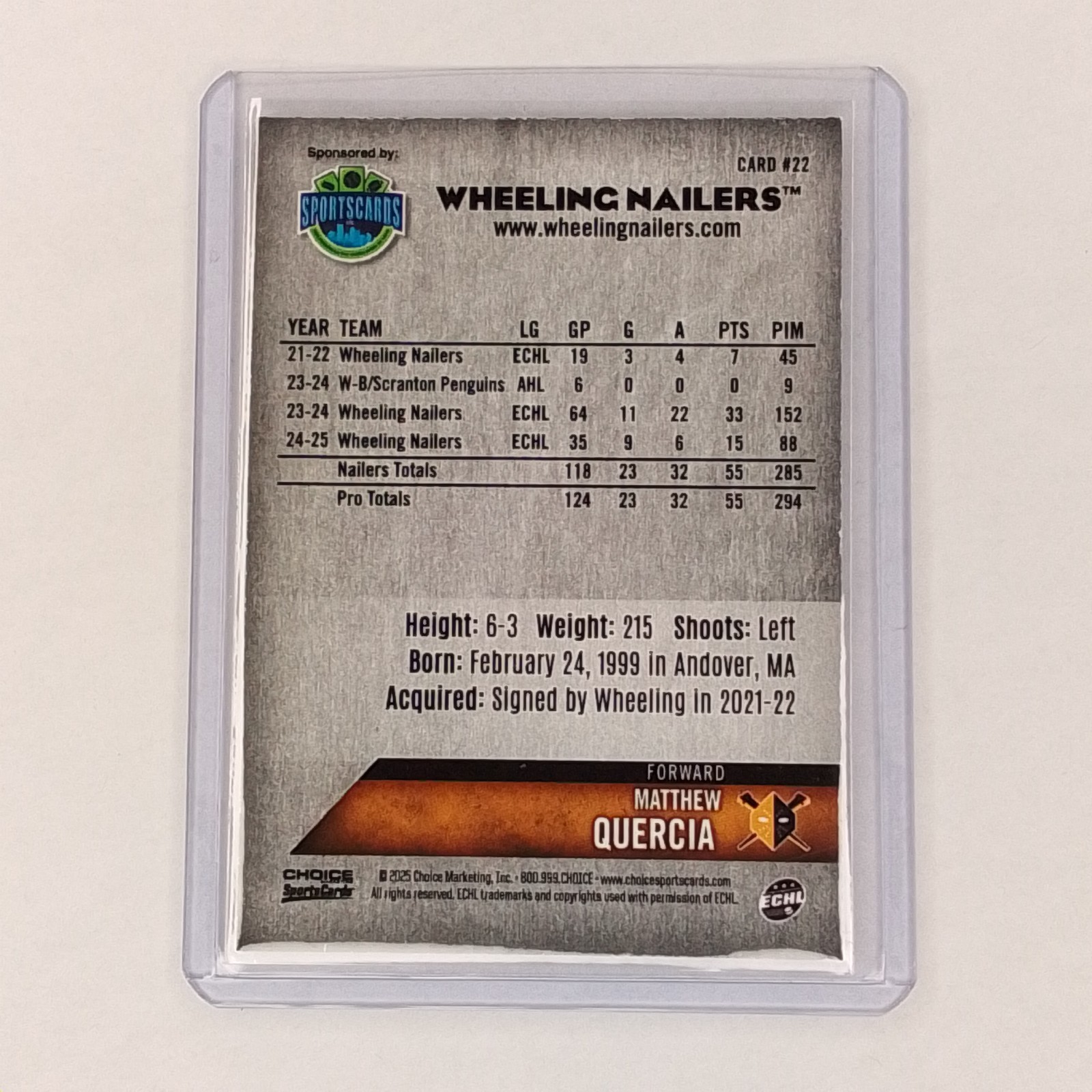 2024-25 Choice Wheeling Nailers – Matthew Quercia #22 (RC)