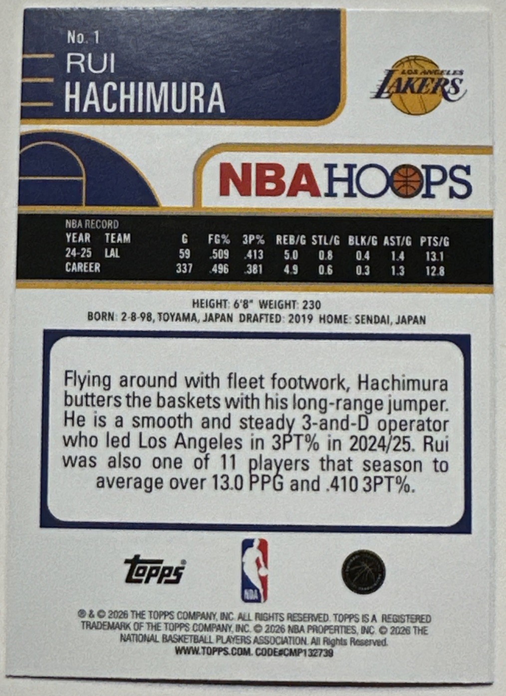 2025-26 Topps NBA Hoops Rui Hachimura Rainbow Purple and Blue /199 #1