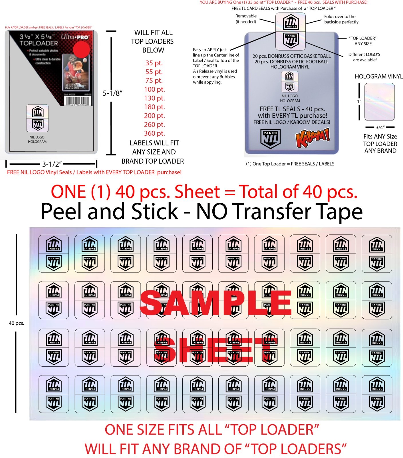 TOP LOADER STICKERS 35 pt. FREE PANINI NIL LOGO LABELS NIL COLLEGE CARDS SEALS
