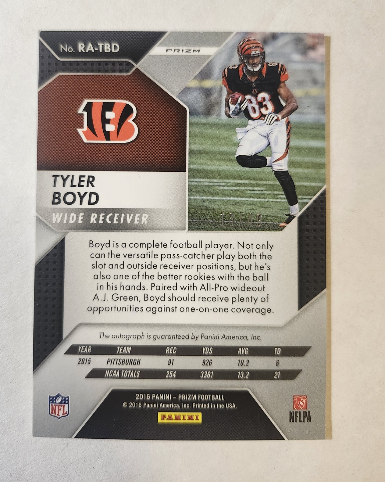 2016 Prizm Tyler Boyd Green xfractor Prizm Auto /49 #RA-TBD RC Bengals