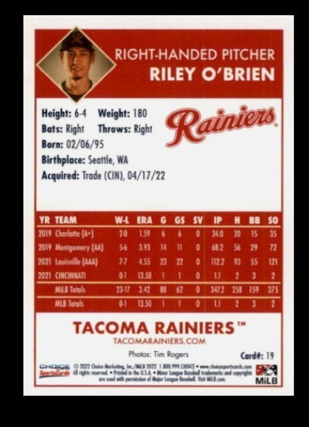 2022 Riley O’Brien Minor League Rookie Card #19 Tacoma Rainiers