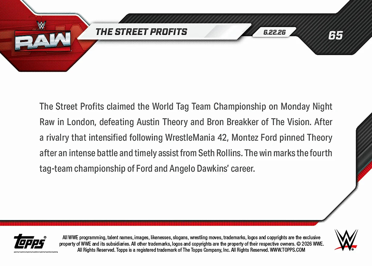 2026 Topps Now WWE #65 Montez Ford Angelo Dawkins The Street Profits RAW PRESALE