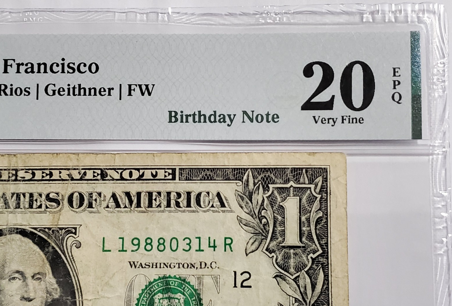 $1 Bill Series 2009 (Rookie Year) STEPHEN CURRY Birthday Note PMG – L 19880314 R