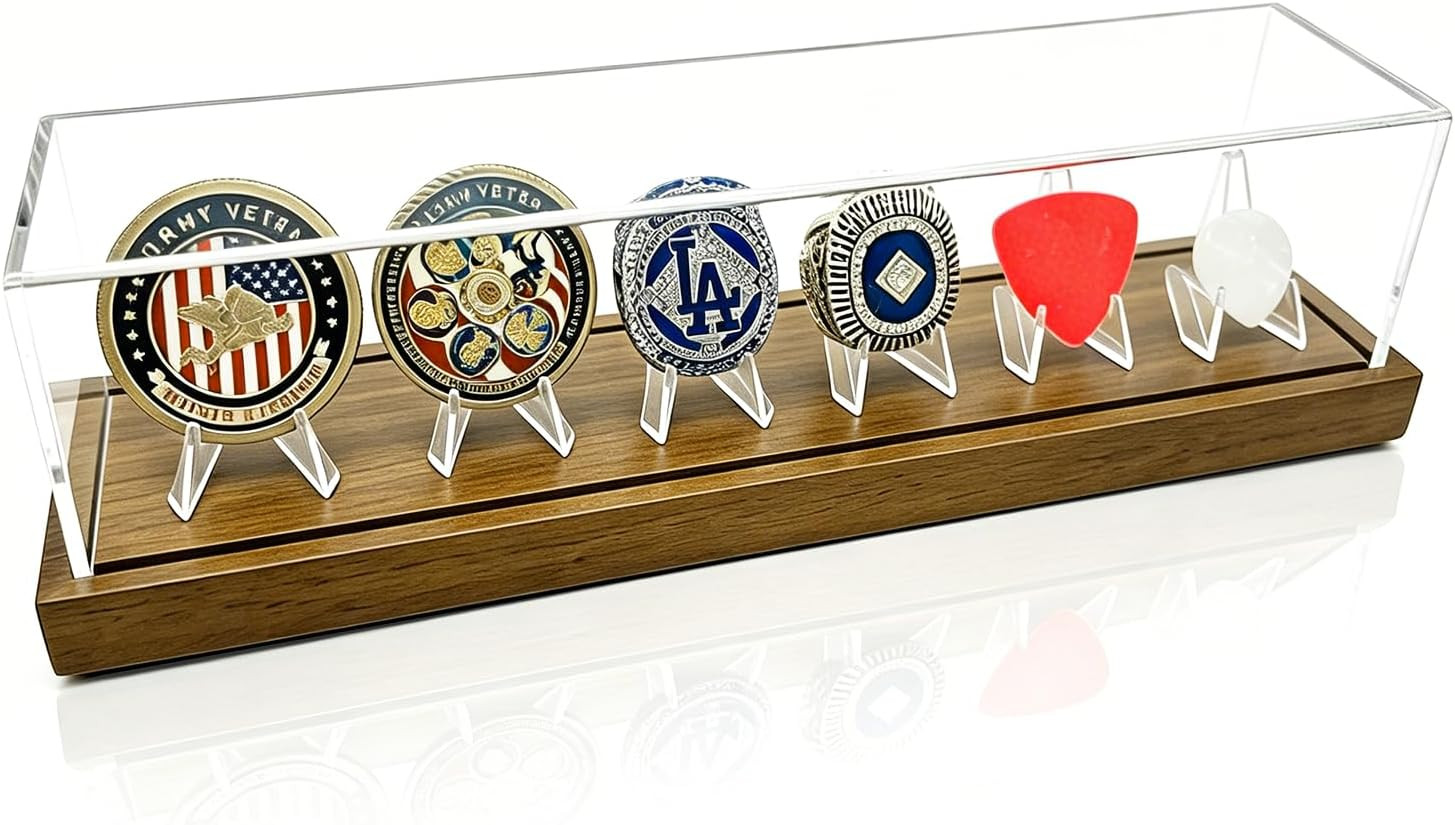 Championship Ring Display Case, 6 Slots Acrylic Coin Display Case with Solid Aca